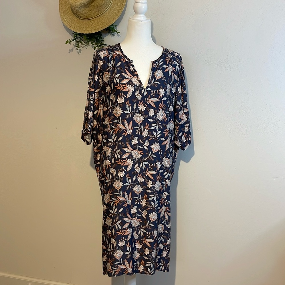 J. Jill purejill Flowy Floral Lenzing Viscose Shirt Dress Cozy Blue Size XL